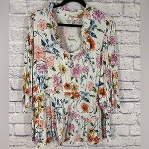 Crown & Ivy White Floral Tiered Babydoll Top Long Sleeve Plus Size 2X